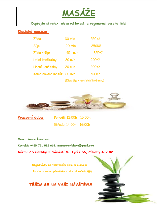 Masáže pro&nbsp;veřejnost - dopřejte si relax, regeneraci a&nbsp;úlevu od&nbsp;bolesti - v&nbsp;budově naší školy